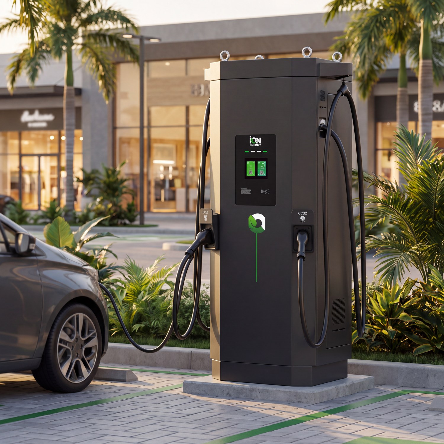 Cargador rápido ION EV 240 instalado en el parqueo de una plaza comercial, cargando un carro eléctrico